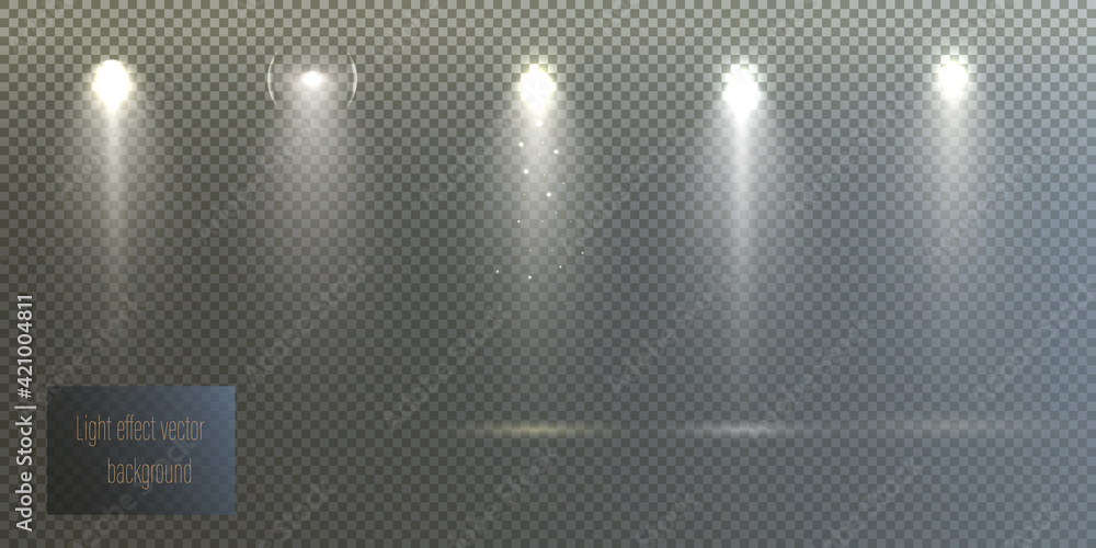 Obraz premium Spotlights set isolated on transparent background. Vector glowing light effect with golden rays and lens flares.