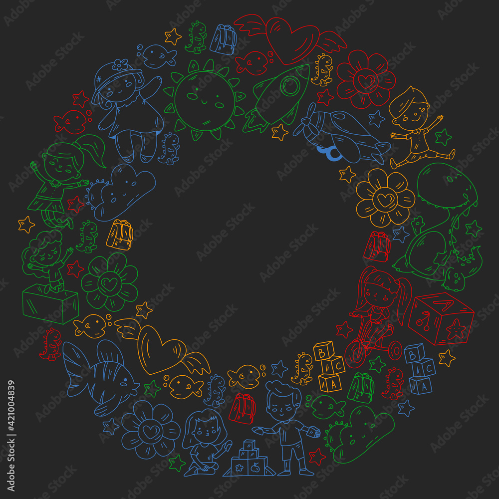 Poster with cute doodle drawing of happy kids and precepts to celebrate Children's Day. Kindergarten children. Poster with cute doodle drawing of happy kids and precepts to celebrate Children's Day. Kindergarten children.