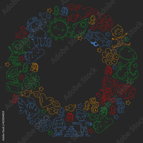 Poster with cute doodle drawing of happy kids and precepts to celebrate Children's Day. Kindergarten children.