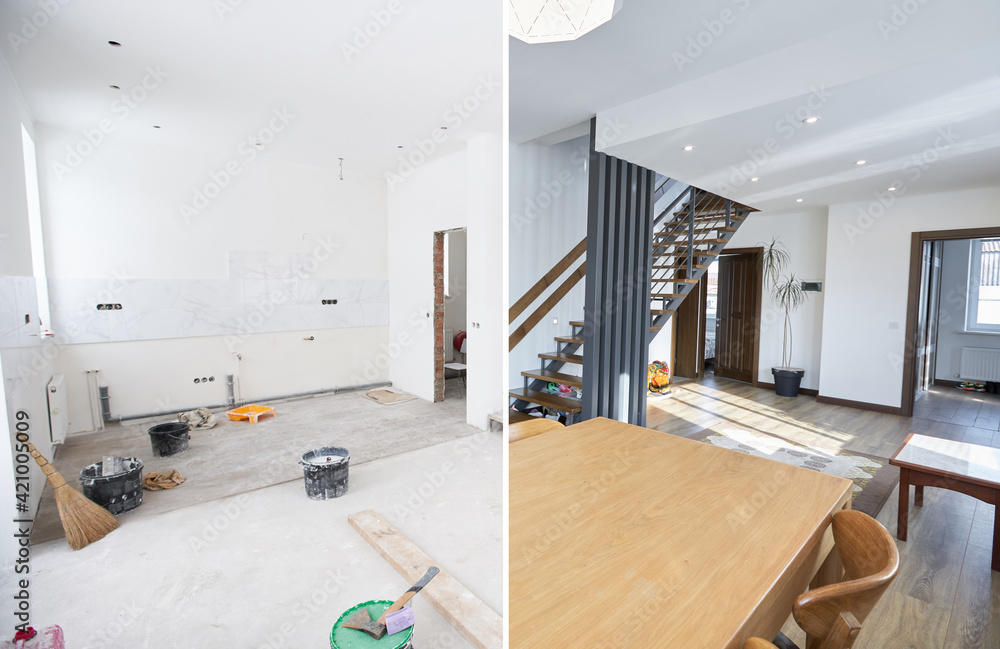 Home renovation concept. Before and after interior in modern style - obrazy, fototapety, plakaty 