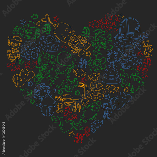 Poster with cute doodle drawing of happy kids and precepts to celebrate Children's Day. Kindergarten children.