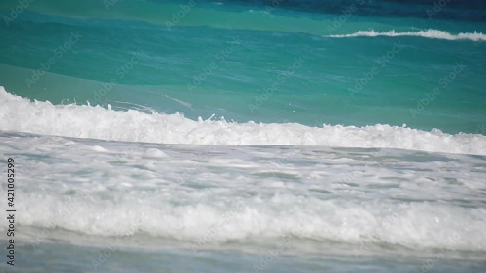 Turquoise ocean waves in the Caribbean sea. Closeup of the water on a Cuban beach with small waves. Tropical and wavy coastline. Seascape vacation Turquoise ocean waves in the Caribbean sea. Closeup of the water on a Cuban beach with small waves. Tropical and wavy coastline. Seascape vacation
