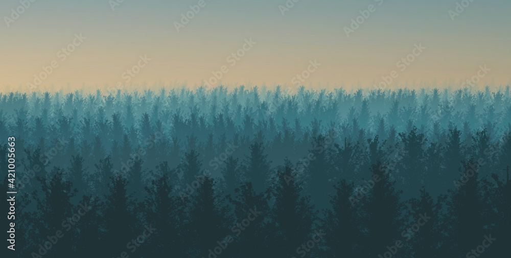 Fototapeta Illustration of a forest with fog at sunset