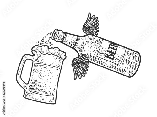 Flying bottle pours beer into glass cup sketch engraving vector illustration. T-shirt apparel print design. Scratch board imitation. Black and white hand drawn image.