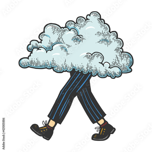 Cloud walks on its feet color sketch engraving vector illustration. Scratch board style imitation. Black and white hand drawn image.