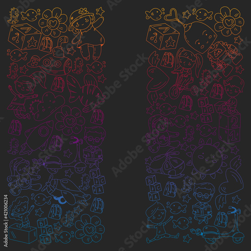 Poster with cute doodle drawing of happy kids and precepts to celebrate Children's Day. Kindergarten children.