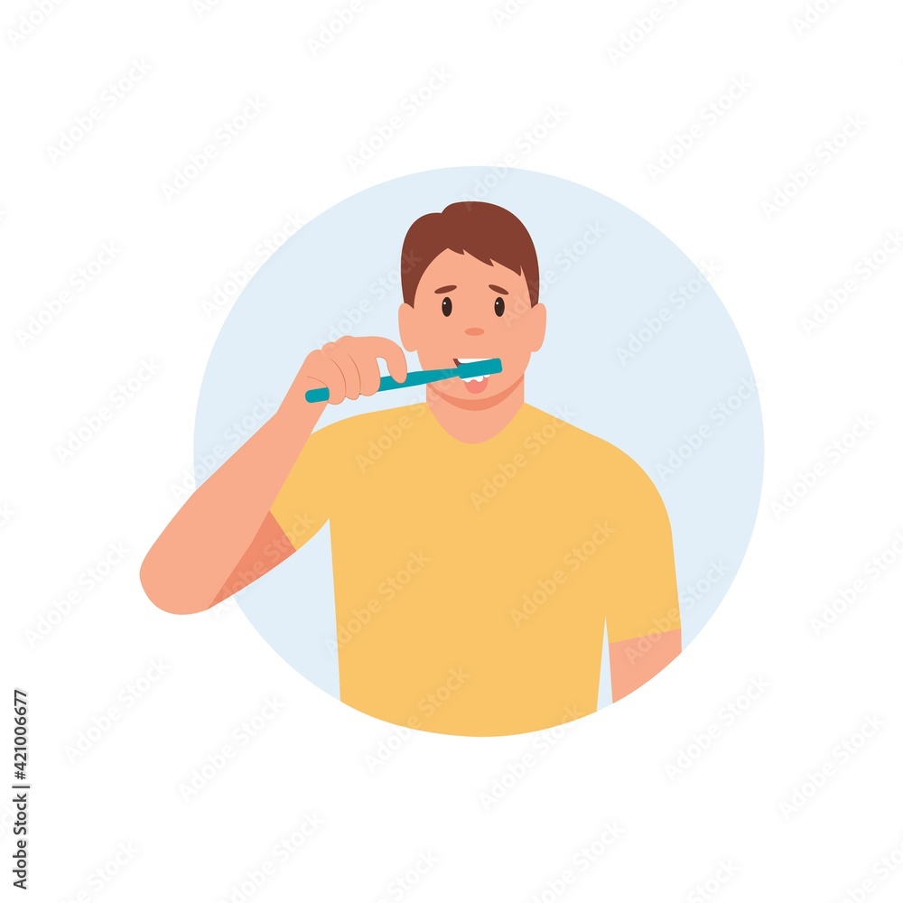 Man brushes tongue with a toothbrush. Smiling mouth with tongue and healthy teeth. Oral hygiene and dental procedures concept. Cute vector illustration in flat