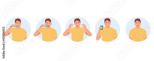 Man brushing teeth stages. Collection. Dental care and hygiene. Brush your teeth, tongue, floss, rinse your mouth.Flat vector illustration