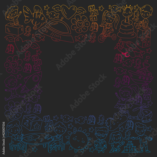 Poster with cute doodle drawing of happy kids and precepts to celebrate Children's Day. Kindergarten children.