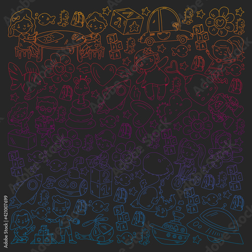 Poster with cute doodle drawing of happy kids and precepts to celebrate Children's Day. Kindergarten children.