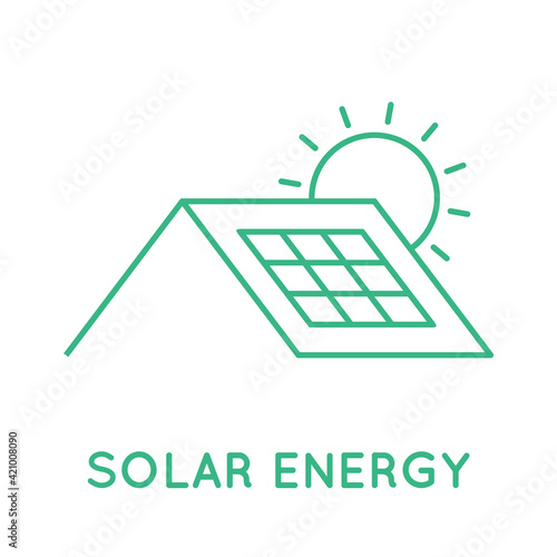Solar energy icon. Roof with solar panel. Sun power generator. Renewable, sustainable resources. Green house with photovoltaic cells converting sunlight into electricity. Vector illustration, flat 
