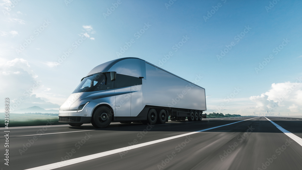 Semi-Truck with Cargo Trailer Moving on a Highway. Modern cargo truck at sunset. 3d illustration