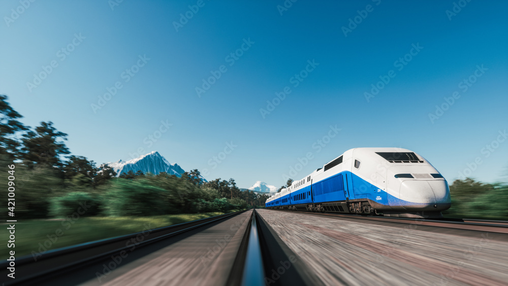 High speed passenger train. Passenger train driving on railroad in ...