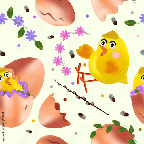 Seamless pattern with Easter chicken, flowers, eggs, green leaf, pussy willow. Cute cartoon chickens for your design textile, wallpapers, fabric, posters. Vector illustration.