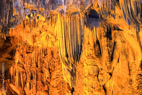 Stalactite and Stalagmite Formations in the Cave. Dim Magarasi cave in Turkey.. Background of the Cave

