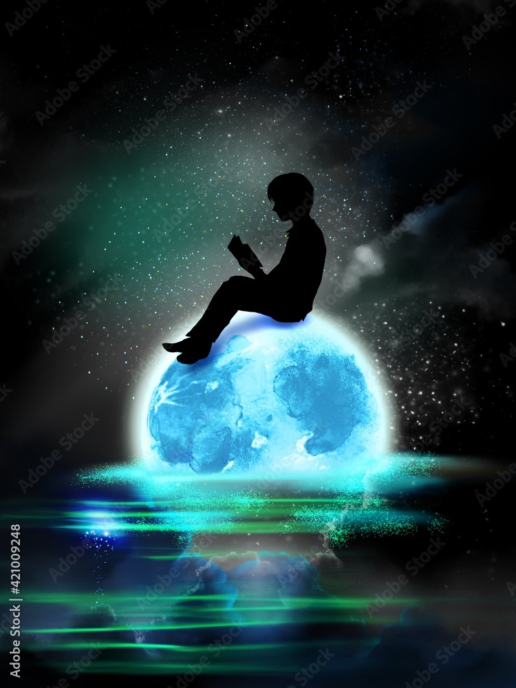 Profile silhouette of a man leisurely reading a book on the shining moon drifting on the sea