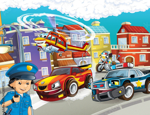 Fototapeta Naklejka Na Ścianę i Meble -  cartoon scene with cars vehicles on street with fireman