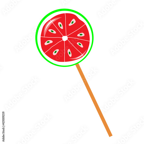 Colorful sweets lollipop with watermelon design. Isolated element on white background. Vector illustration. Candy for children.