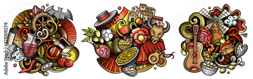 Spain cartoon vector doodle designs set.