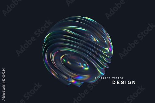 3d wavy fluorescent sphere. Abstract waving shapes with thin film effect. Liquid multicolor pattern, iridescent glossy ripples. Vector illustration.