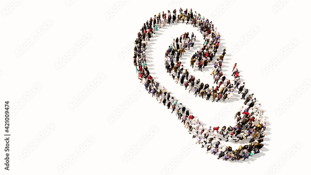 Concept or conceptual large comunity of people forming the image of an ear on gray background.  A 3d illustration metaphor for hearing loss, tinnitus, vertigo, ear pain or infection, auditory testing