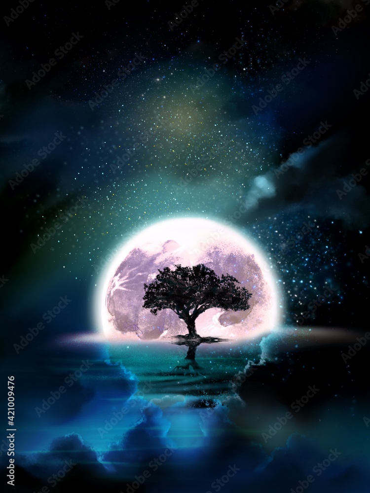 The silhouette of a tree towering in the middle of a mysterious landscape where the beautiful moon's night sky is reflected on the surface of the sea	
