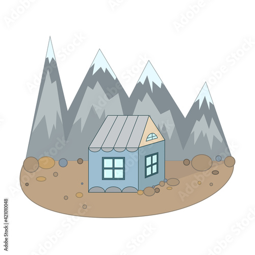 Country house illustration with mountains background. Tourists rest house concept.