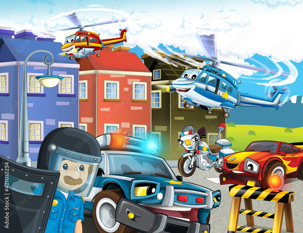 cartoon scene with cars vehicles on street with fireman