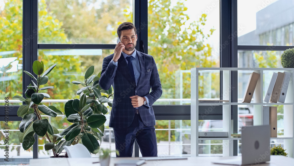 businessman talking on smartphone and standing in office businessman talking on smartphone and standing in office