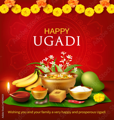 Greeting card with traditional food pachadi with all flavors for Indian New Year festival Ugadi (Gudi Padwa). Vector illustration.
