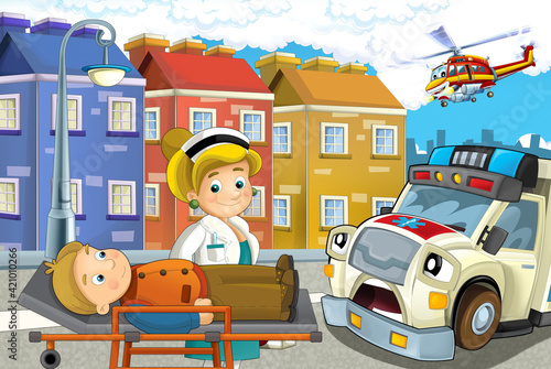 cartoon scene with cars vehicles on street with fireman