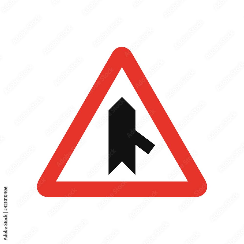Triangular traffic signal in white and red, isolated on white background. Warning of sharp junction on the right Triangular traffic signal in white and red, isolated on white background. Warning of sharp junction on the right
