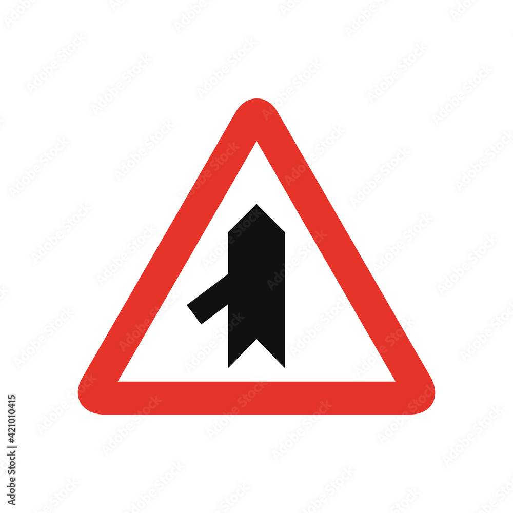 Triangular traffic signal in white and red, isolated on white background. Warning of sharp junction on the left Triangular traffic signal in white and red, isolated on white background. Warning of sharp junction on the left