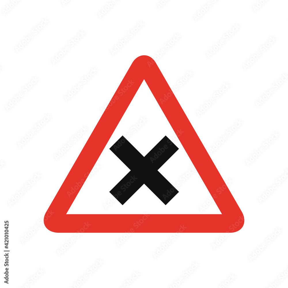 Triangular traffic signal in white and red, isolated on white background. Warning of crossroad ahead with priority on the right Triangular traffic signal in white and red, isolated on white background. Warning of crossroad ahead with priority on the right