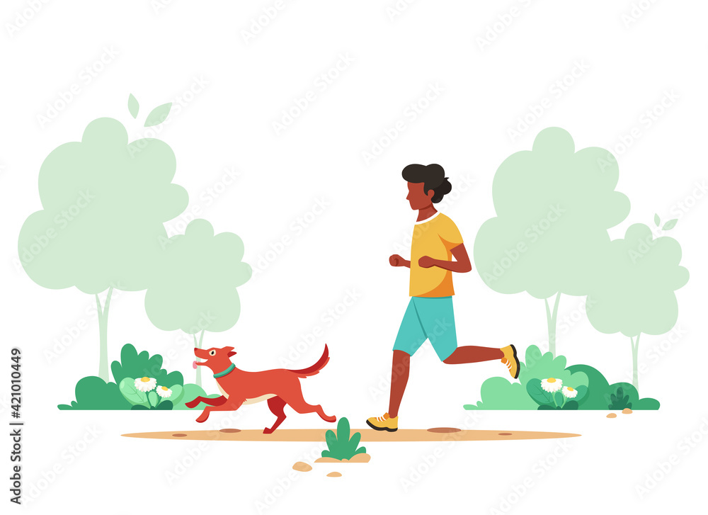 Black man jogging in spring park with dog. Outdoor activity, dog walking. Vector illustration.