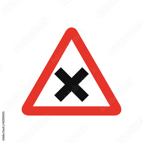 Triangular traffic signal in white and red, isolated on white background. Warning of crossroad ahead with priority on the right
