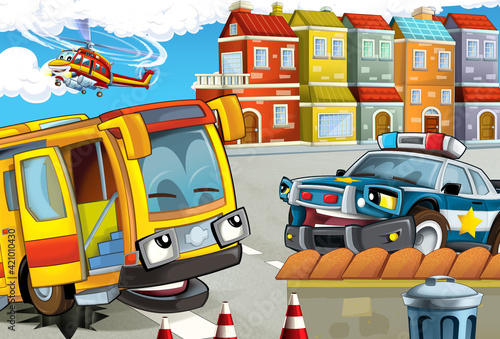 cartoon scene with cars vehicles on street with fireman