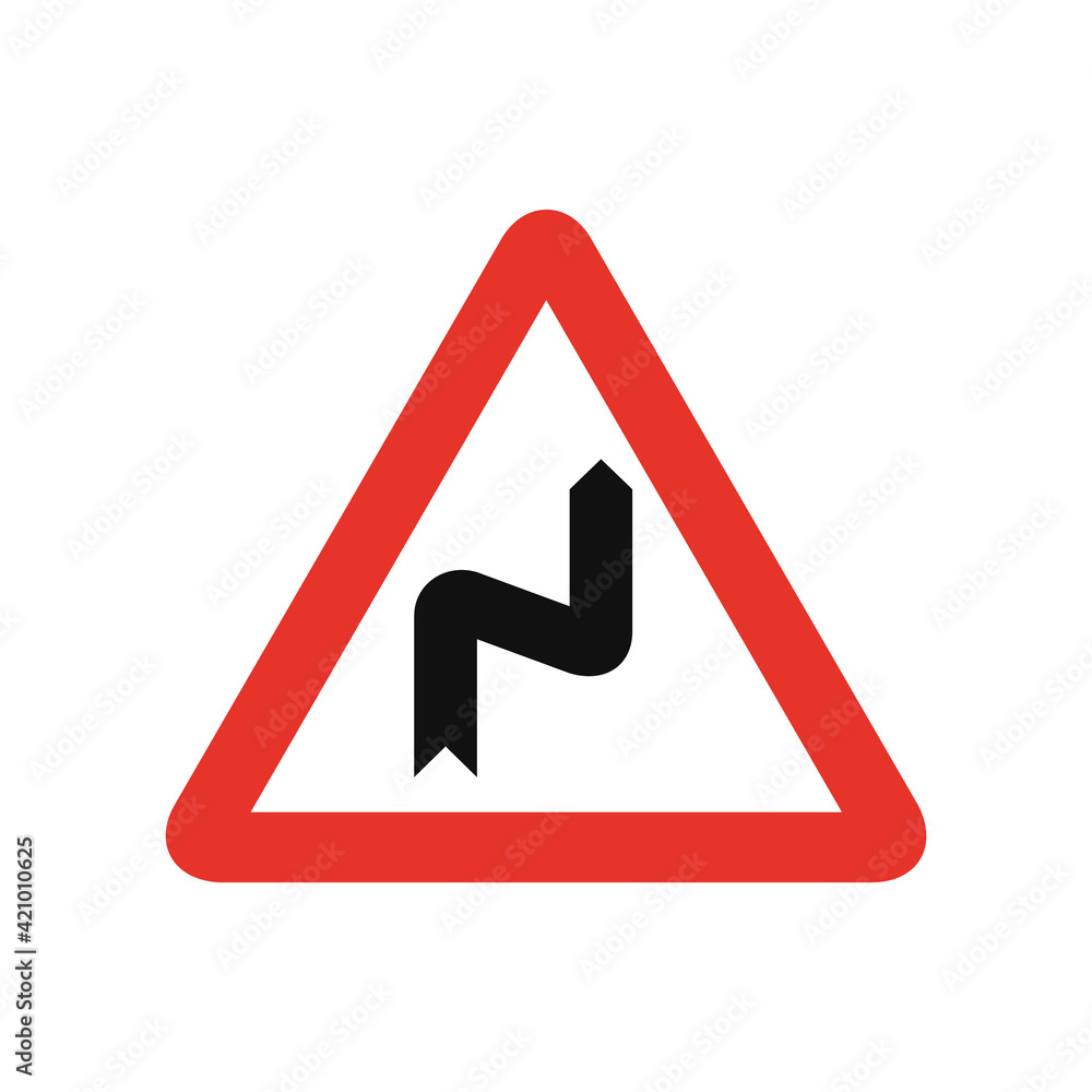 Triangular traffic signal in white and red, isolated on white background. Warning of right reverse bend Triangular traffic signal in white and red, isolated on white background. Warning of right reverse bend