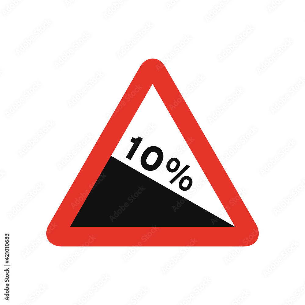 Triangular traffic signal in white and red, isolated on white background. Warning of steep descent Triangular traffic signal in white and red, isolated on white background. Warning of steep descent