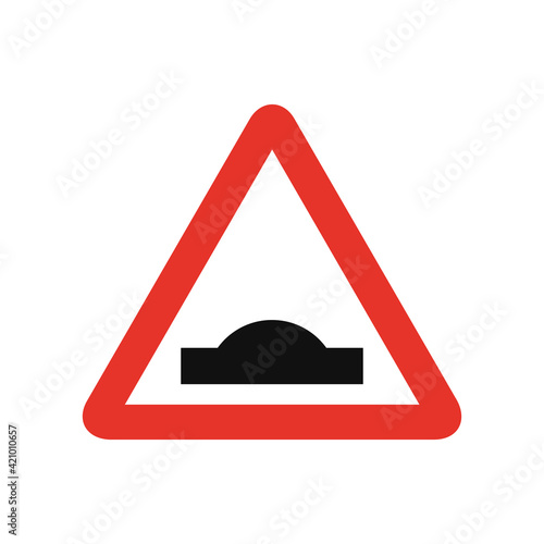 Triangular traffic signal in white and red, isolated on white background. Warning of road hump