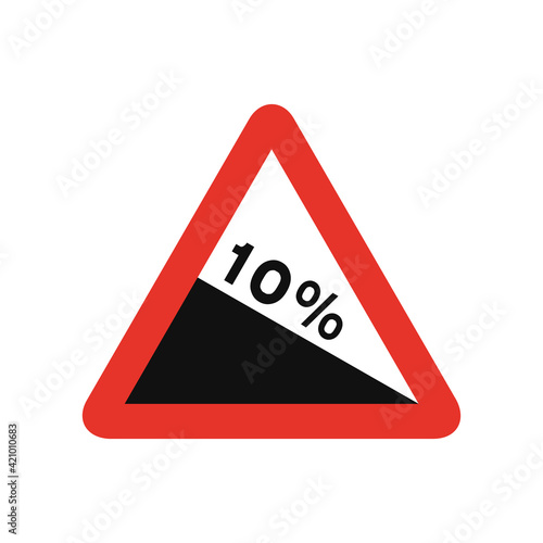 Triangular traffic signal in white and red, isolated on white background. Warning of steep descent