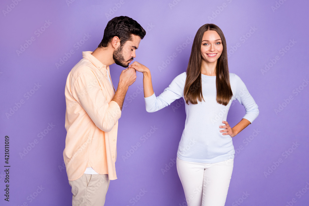 Photo of happy young couple on date man kiss girlfriend heart romantic mood isolated on purple color background Photo of happy young couple on date man kiss girlfriend heart romantic mood isolated on purple color background