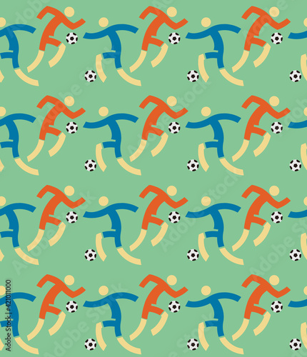 Soccer players, Seamless decorative pattern, retro colors background.
Green backdrop with football players. Vector available.