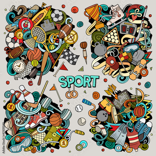 Sports cartoon vector doodle designs set.