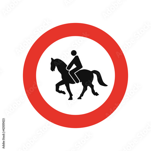 Rounded traffic signal in white and red, isolated on white background. Entry prohibited for mount animals photo