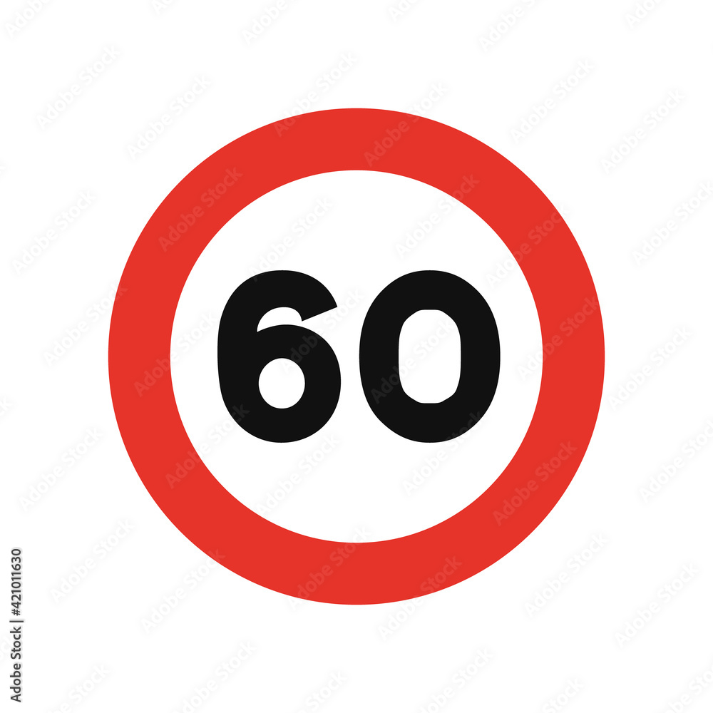 Rounded traffic signal in white and red, isolated on white background. Speed limit of sixty Rounded traffic signal in white and red, isolated on white background. Speed limit of sixty