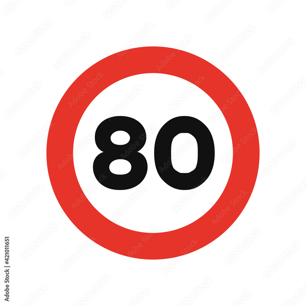 Rounded traffic signal in white and red, isolated on white background. Speed limit of eighty Rounded traffic signal in white and red, isolated on white background. Speed limit of eighty