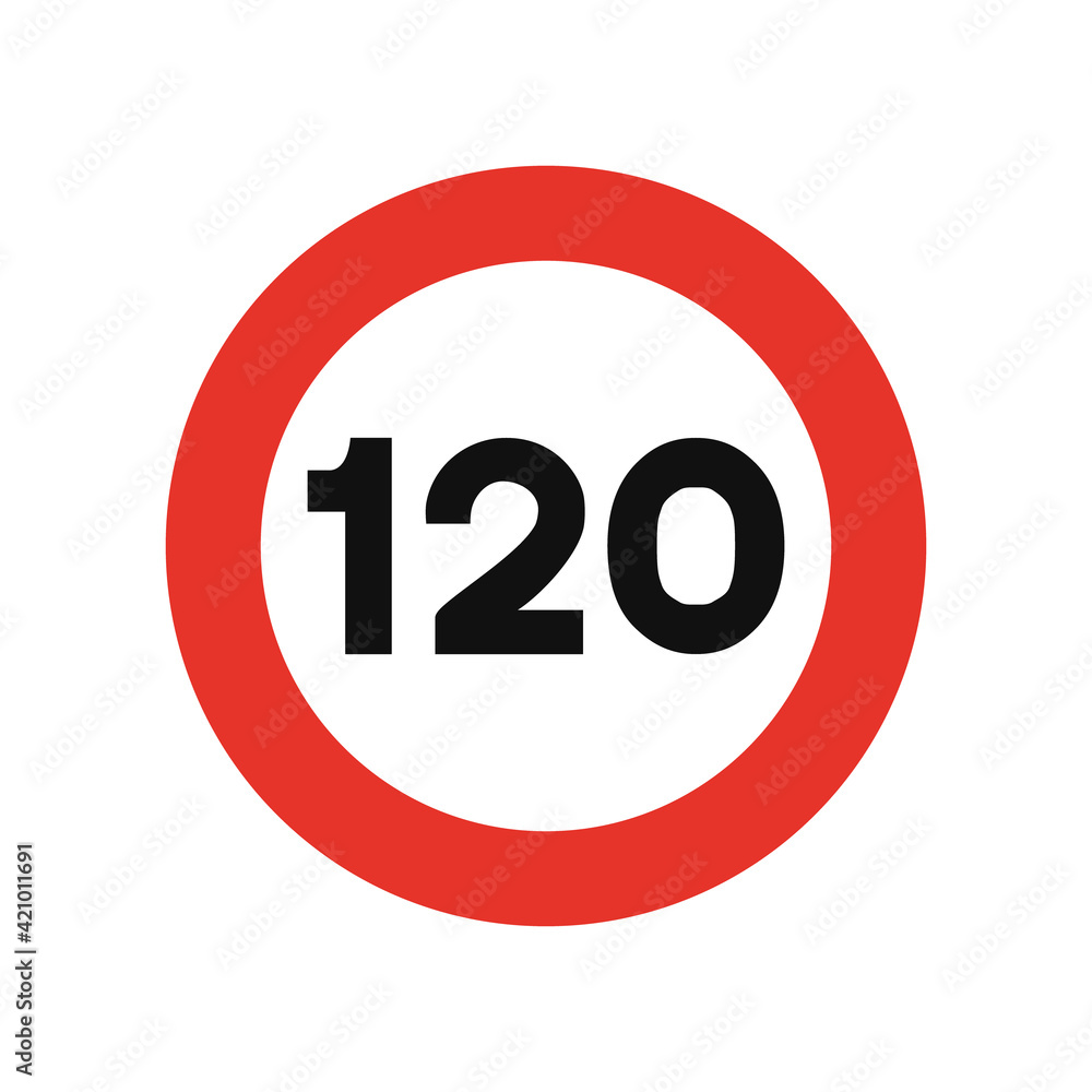 Rounded traffic signal in white and red, isolated on white background. Speed limit of one hundred and twenty Rounded traffic signal in white and red, isolated on white background. Speed limit of one hundred and twenty