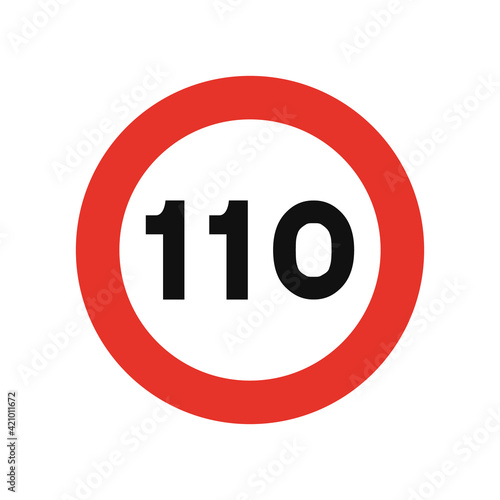 Rounded traffic signal in white and red, isolated on white background. Speed limit of one hundred and ten
