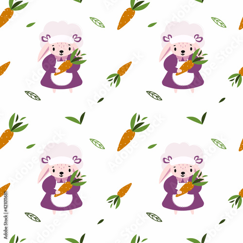 Children's pattern with a rabbit in a traditional peasant dress with a carrot in its paws.Cheerful background with beautiful characters and decorations.